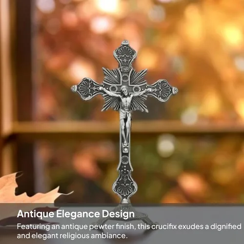 Vista 9 de Cruz de mesa de crucifijo de Jesús de metal, cruz de mesa católica con soporte para oraciones decoración del hogar, 10 pulgadas de alto, peltre