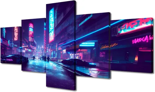 Vista 385 de Cuadros de 5 paneles de Cyberpunk City, arte de pared, representación de vallas publicitarias, edificios modernos en la capital con obras de arte