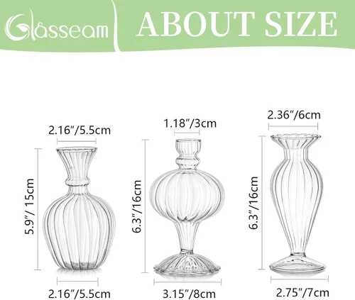 Vista 7 de Jarrones pequeños de cristal Glasseam: 3 piezas de jarrón transparente acanalado para flores individuales Hecho a mano, moderno, bonitos centros