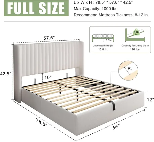 Vista 10 de Feonase Marco de Cama de Almacenamiento Elevable de Tamaño Completo, Marco de Cama Plataforma Tapizado en Terciopelo con Cabecera Wingback