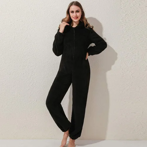 Vista 3 de Pijama de forro polar para mujer, mameluco cálido de sherpa, ropa de dormir de una pieza con cremallera y capucha