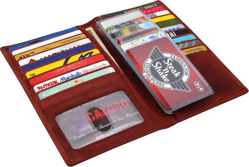 Vista 4 de Cartera larga de piel vintage con bloqueo RFID para tarjeta de crédito, Rojo -, Doble largo