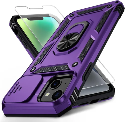 Vista 27 de Funda para iPhone 14 con cubierta para lente de cámara, protector de pantalla HD, protección contra caídas de grado militar de 10 pies, soporte
