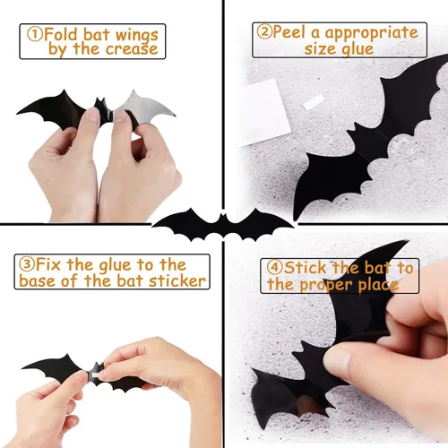 Vista 8 de 120 piezas de decoración de murciélagos de Halloween, calcomanías de murciélago 3D para interiores y exteriores, decoración del hogar, calcomanías