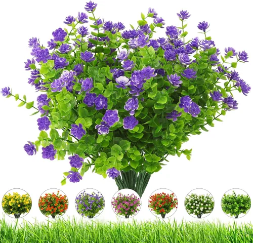 Vista 11 de Flores artificiales para exteriores, 8 paquetes de flores falsas resistentes a los rayos UV, flores sintéticas de plástico para exteriores, plantas
