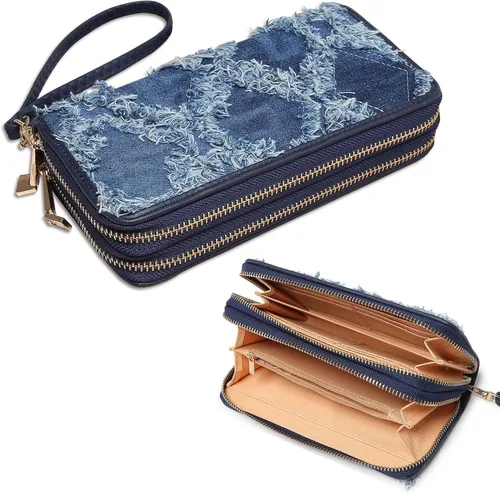 Vista 9 de Women's Double Zip Around Wallet Long Wristlet Purse with Credit Card Slots Negro