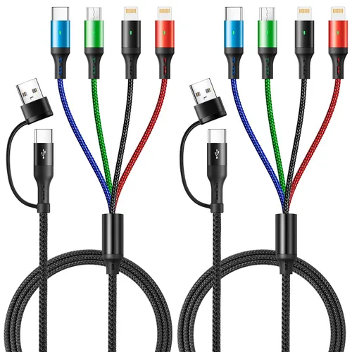Vista 8 de Cable de carga múltiple, paquete de 2 cables de carga múltiple de 10 pies, cable de carga múltiple 4 en 1, cable de carga universal con Negro