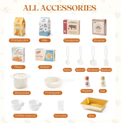 Vista 5 de ROBUD Juego de cocina de madera, juego de cocina para niños, juego de cocina de juguete con 17 accesorios realistas, regalo ideal para niños y niños