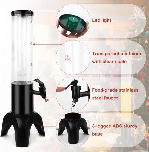 Vista 6 de Dispensador de cerveza Margarita Tower, dispensador de torre de mimosa de 50 onzas con tubo de hielo y luz LED, dispensador de torre de bebidas