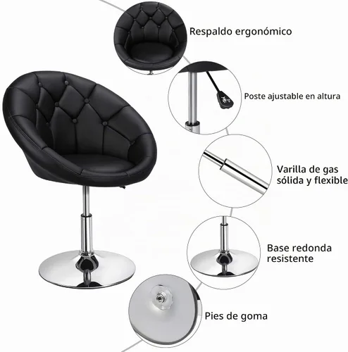 Vista 5 de Yaheetech Silla contemporánea con respaldo tapizado redondo, altura ajustable, giratoria, moderna, para tocador, negra Negro