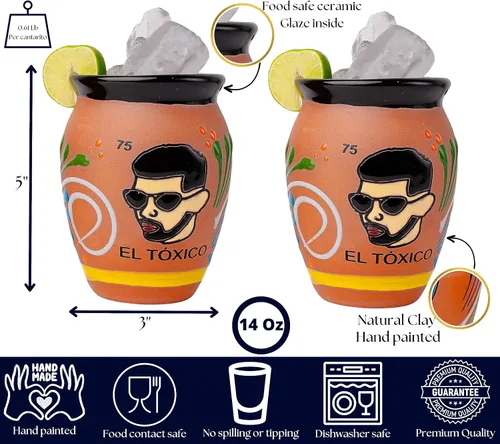 Vista 2 de Cantaritos de Barro Mexicanos - Juego de 2 auténticas tazas mexicanas de arcilla esmaltada de 14 onzas - Jarritos de Barro Mexicanos - Vasos