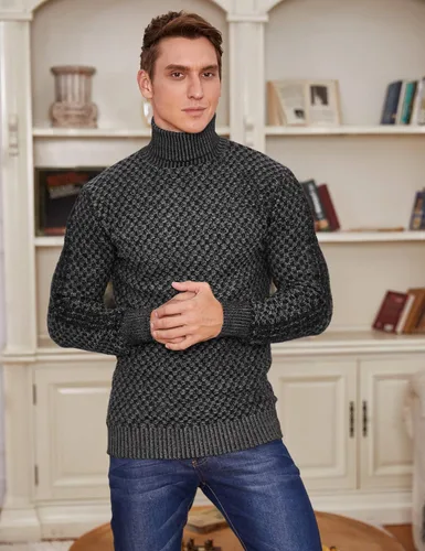 Vista 4 de COOFANDY Suéter de punto de cuello alto para hombre, ajuste delgado, térmico, acanalado, suéter