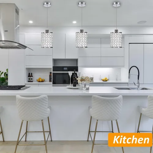 Vista 8 de Paquete de 3 lámparas colgantes de cristal, iluminación colgante de isla de cocina cromada, luces colgantes de techo con cable ajustable