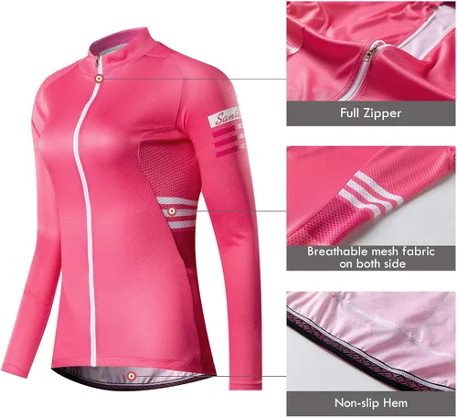Vista 6 de Santic Camiseta de ciclismo de manga larga para mujer, chaqueta de bicicleta con bolsillos