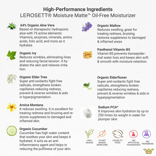 Vista 4 de LEROSETT - Hidratante sin aceite para pieles grasas y sensibles, hidratación mate ligera, hidratante vegano, a base de aloe con Vit-B5 + 7 hierbas