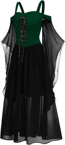Vista 2 de XIANNV - Disfraz medieval para mujer, corsé de Halloween, vestido gótico renacentista, talla grande, manga con cordones, vestidos de fiesta