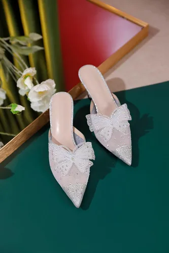 Vista 4 de AUMOTED Sandalias de tacón de gatito para mujer, sandalias con lazo de diamantes de imitación, tacón puntiagudo, zapatos de tacón bajo, pantuflas
