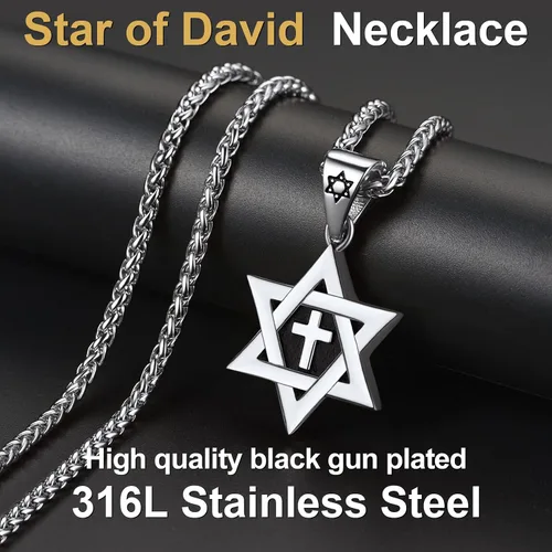 Vista 4 de ChainsPro Collar de estrella de David para hombre, oro de 18 quilates, acero inoxidable, negro (caja de regalo)