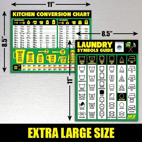 Vista 6 de Guía de símbolos de lavandería y tabla de conversión de cocina, paquete combinado de imanes – Extra grande fácil de leer 11 x 8.5 pulgadas, hojas