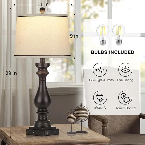 Vista 5 de Rinweey - Lámpara de mesa de granja de 29" para sala de estar, lámpara de mesita de noche vintage con puertos USB C+A y salida de AC, lámpara
