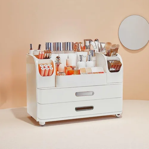 Vista 3 de Organizador de maquillaje con cajones para tocador, organizador de encimera de baño con soporte para brochas, organizador de almacenamiento