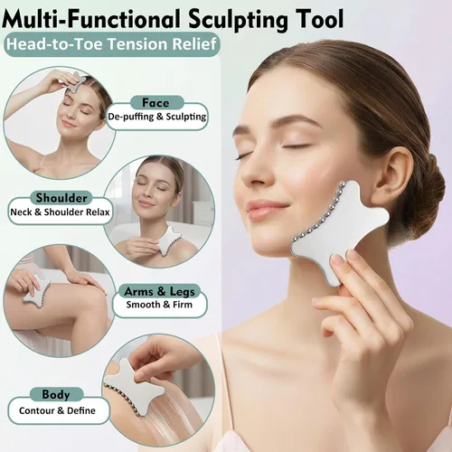 Vista 2 de Juego de rodillo facial de acero inoxidable 3 en 1 y Gua Sha – Herramientas de masaje facial de enfriamiento para esculpir, deshinchar y definir