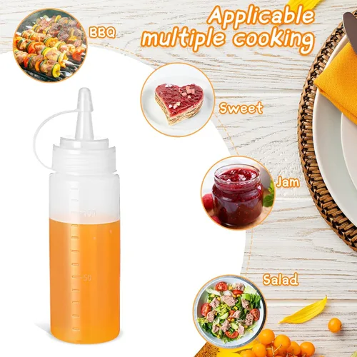 Vista 4 de 60 botellas de plástico de 4 onzas para apretar condimentos, botellas pequeñas para cocinar con tapas giratorias, botellas transparentes de salsa