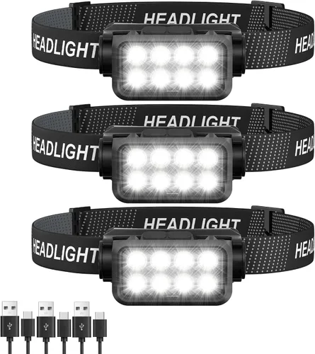 Vista 9 de Linterna frontal recargable 2 unidades, 8 LED, 2500 lúmenes, lámpara de cabeza ultraligera y brillante con sensor de movimiento, impermeable