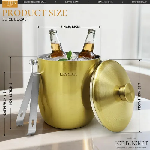 Vista 3 de Cubos de hielo para fiestas con tapa, pinzas y colador (3L/dorado) cubo de hielo de acero inoxidable de doble pared que mantiene el hielo congelado
