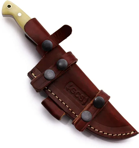 Vista 5 de Cuchillo de chef de acero con mango de hueso hecho a mano GCS D2 con funda de cuero, hoja de espiga completa diseñada para caza y EDC GCS 179