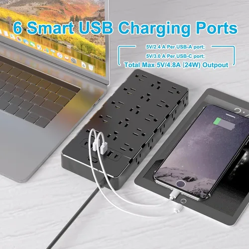 Vista 8 de Regleta de Alimentación de Protección contra Sobretensiones de Servicio Pesado - 25 Tomas de CA, 6 Puertos USB, Protección 4000J, Cable de Extensión
