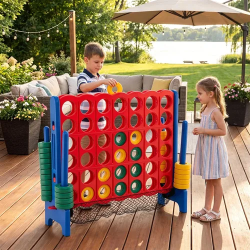 Vista 13 de HONEY JOY Juego gigante gigante de 4 a punta, juegos gigantes para patio al aire libre para la familia, 42 anillos jumbo y deslizador de liberación