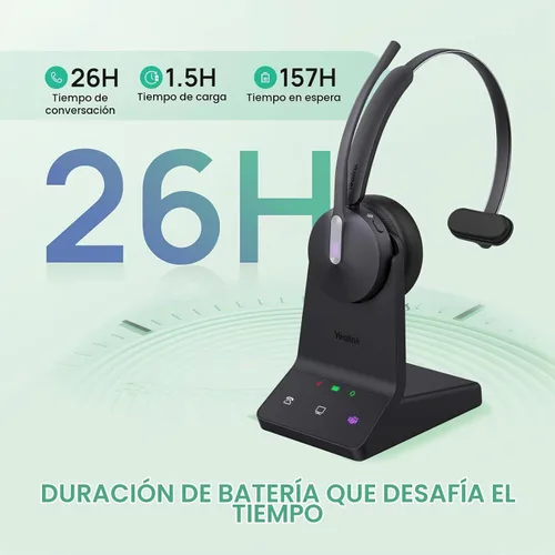 Vista 4 de Yealink WH64 Mono DECT & Bluetooth Auriculares inalámbricos para teléfono celular PC Teams Certified Single On Ear Headset, 3X Noise Canceling