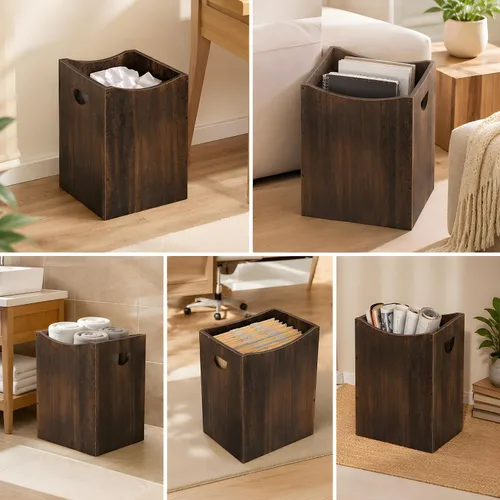 Vista 3 de Vrisa Basurero rectangular de madera de 5.3 galones con asas integradas, pequeño bote de basura para dormitorio, oficina, cocina, baño, debajo