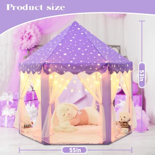 Vista 5 de Tienda de campaña de princesa púrpura para niñas, tienda de campaña para niños con luces LED de estrellas pequeñas, tienda de casa
