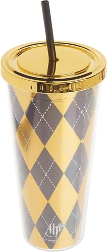 Vista 3 de Spoontiques Harry Potter - Vaso de aluminio, con pajilla y diseño de Hufflepuff, 20 onzas, acrílico, color amarillo