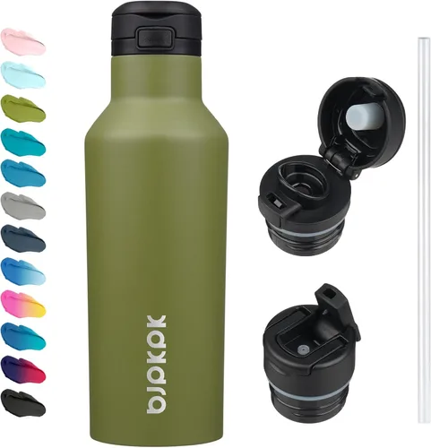 Vista 7 de BJPKPK Botella de agua aislada con pajilla, botellas de agua de acero inoxidable de 17 onzas con 2 tapas y asa de transporte, botella térmica