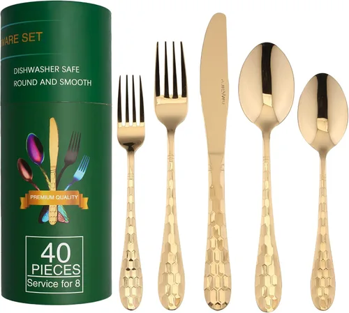 Vista 11 de Juego de cubiertos negros de 40 piezas para 8, cubiertos de acero inoxidable 18/10 para 8, elegante diseño de panal de abeja, incluye cuchillo