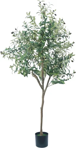 Vista 11 de Árbol de olivo artificial, planta de olivo sintético de 4.9 pies con maceta negra, árbol grande de seda sintética en maceta, planta de olivo