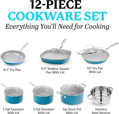 Vista 2 de Gotham Steel Juego de ollas y sartenes azul aguamarina, 12 piezas de utensilios de cocina de cerámica antiadherente, incluye sartenes, ollas
