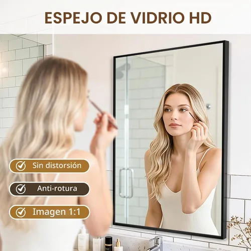 Vista 3 de Espejo rectangular para baño, 30 x 20 pulgadas, marco de metal negro, espejo de pared inastillable HD, para colgar horizontal o verticalmente, fácil