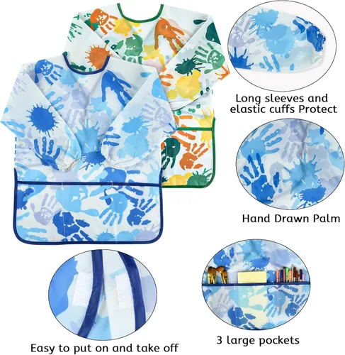 Vista 4 de 2 piezas de delantal de arte para niños, delantal de pintura para niños pequeños de manga larga con 3 bolsillos para actividades de pintura