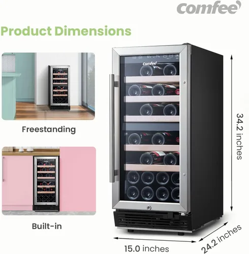 Vista 3 de COMFEE' CRW28B7AST Enfriador de vino independiente e integrado, refrigerador de vino de 28 botellas, zona de enfriamiento doble, control digital