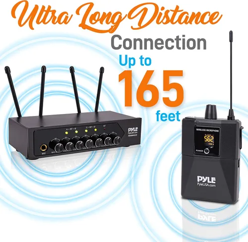 Vista 4 de Pyle Sistema de micrófono inalámbrico UHF portátil, funciona con pilas, juego de cuatro micrófonos inalámbricos Bluetooth con frecuencia