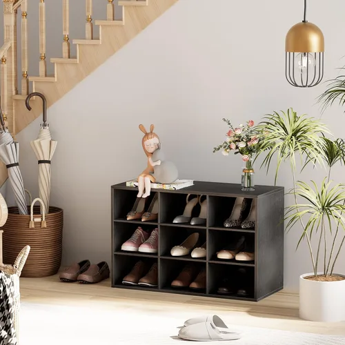 Vista 3 de Garden 4 you Banco de almacenamiento de zapatos, zapatero con 9 cubículos, organizador de zapatos de madera de 3 niveles, armario organizador