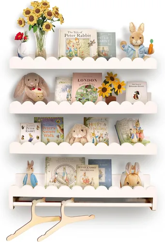 Vista 7 de Tots & Pals Estantes gruesos mejorados para libros montados en la pared, paquete de 4 estantes flotantes con barra colgante mejorada
