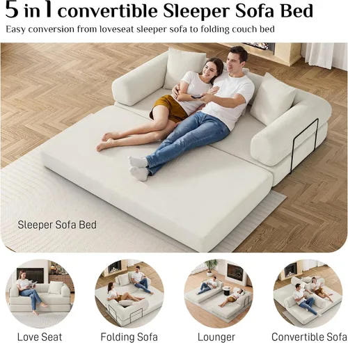 Vista 4 de DAMAIFROM - Sofá cama convertible sin huesos, color beige y blanco 80" Corduroy Modular Compressed Futon Sofa Bed, Pull-Out Cloud Loveseat with