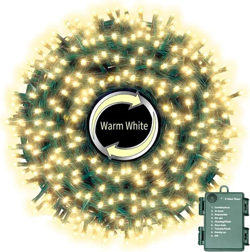 Vista 10 de LAMPHOME Luces de Navidad multicolor que funcionan con pilas, 34.1 pies, 100 luces LED impermeables de cadena para árbol de Navidad con 8 modos