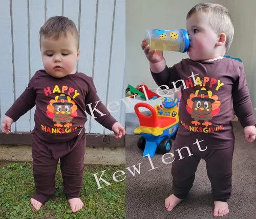 Vista 2 de Conjunto de pantalones de manga larga con estampado de pavo para bebés y niñas de Acción de Gracias