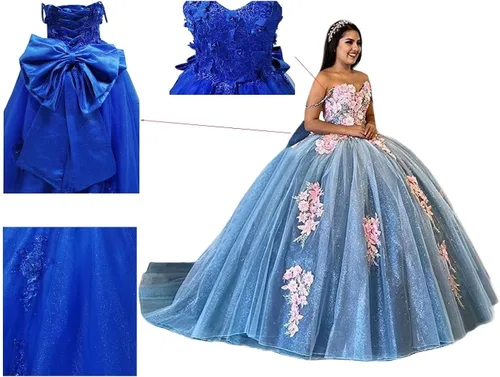Vista 5 de Mauuwy Vestidos de quinceañera con hombros descubiertos, vestido de baile de tul hinchado, dulce 16, vestidos largos de encaje brillante Y89